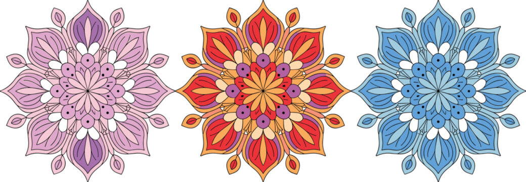 Decorative Mandala Flower Collection Vector Illustration with Colorful Floral Ornaments, Symmetrical Patterns, and Elegant Bohemian Design Elements