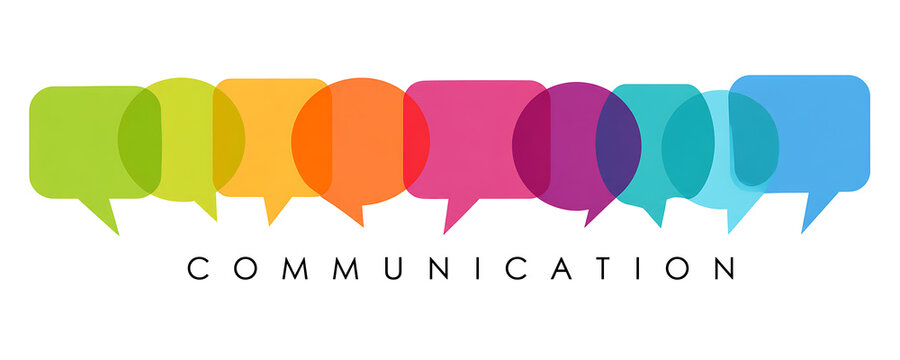 Colorful overlapping speech bubbles with the word COMMUNICATION written below