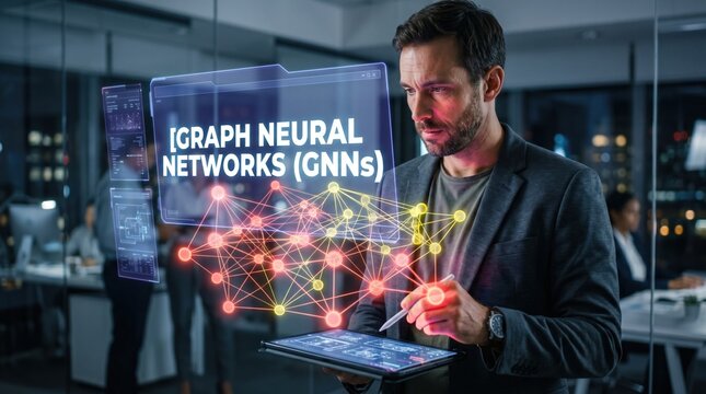 Man Using Futuristic Tablet Interacting With Holographic Graph Neural Networks (GNNs) Display