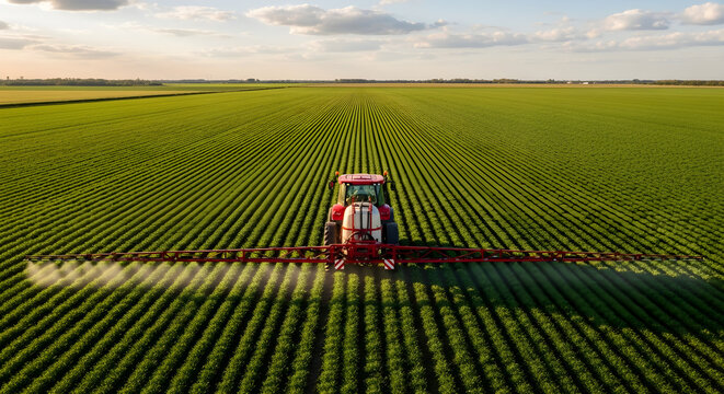 Aerial view of a red tractor spraying crops in a large green field during a beautiful sunset
