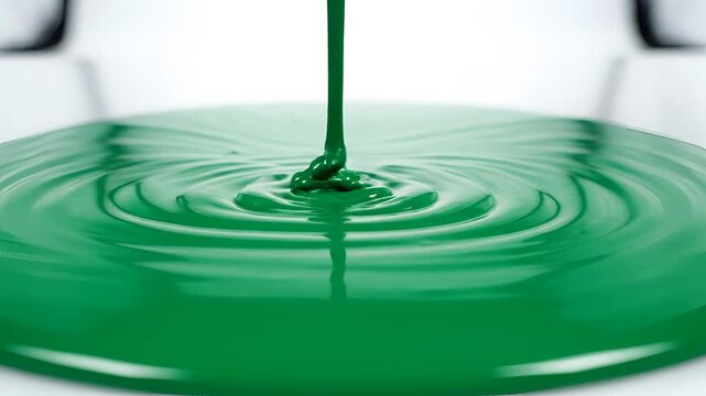 Viscous Green Liquid Pouring and Creating Ripples on a White Surface.