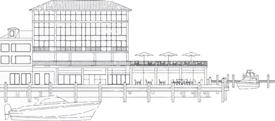 Obraz premium Outline vector illustration of a modern waterfront hotel building with boats, isolated on transparent background for design.