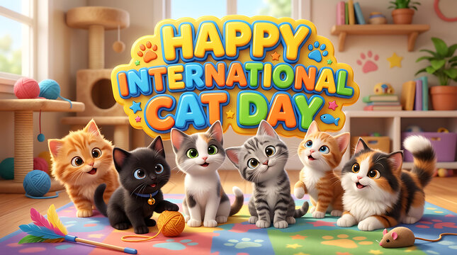 Happy international cat day celebration with group of cute kittens, domestic ani
