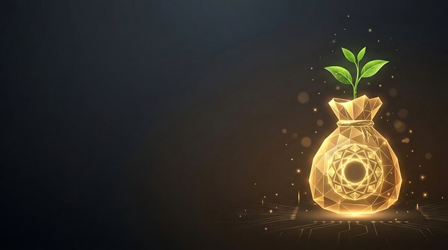 Glowing money bag with green sprout, low poly digital investment concept, financial growth and sustainable wealth creation on dark background