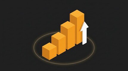 Fototapeta premium Isometric business growth bar chart with rising arrow, 3D orange financial data columns, professional success and profit increase concept