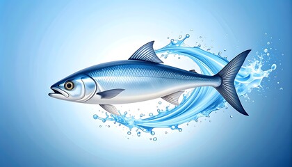 Obraz premium Single healthy fish with blue scales jumping through a clear water splash with droplets against a light blue gradient background, aquatic life illustration