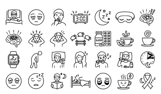 Insomnia and Sleep Disorder Line Icon Set Featuring Drowsiness Sleeplessness Fatigue and Soporific Symbols