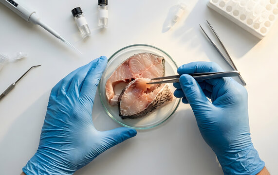 Top view of food scientist in blue gloves analyzing raw snakehead fish meat in a petri dish.