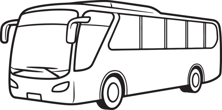 Black and white line of a city bus with large windows and side view also transparent background, line side view