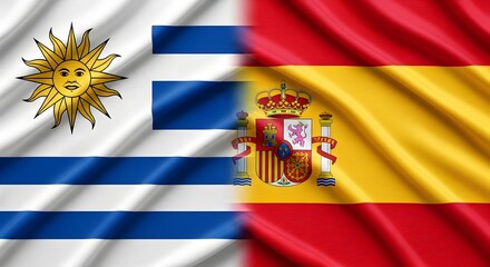Obraz premium Waving flags of uruguay and spain combined in a single composition