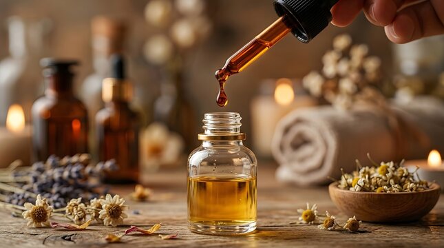 A scientist or herbalist preparing a natural liquid serum inside an old apothecary shop with wooden shelves full of vintage medical ingredients and burning candles.