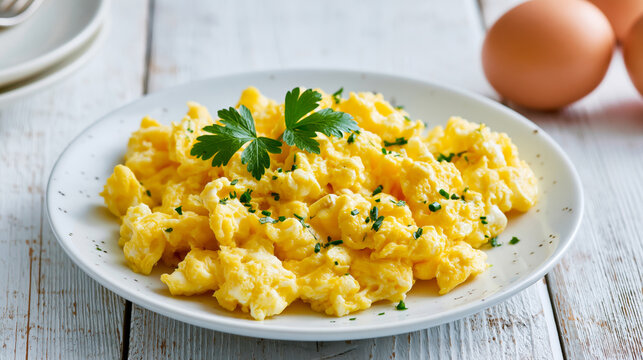 Scrambled eggs in plate on white wooden background