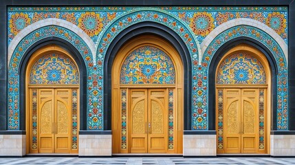 Obraz premium Ornate facade with three arched wooden doors and vibrant mosaic patterns