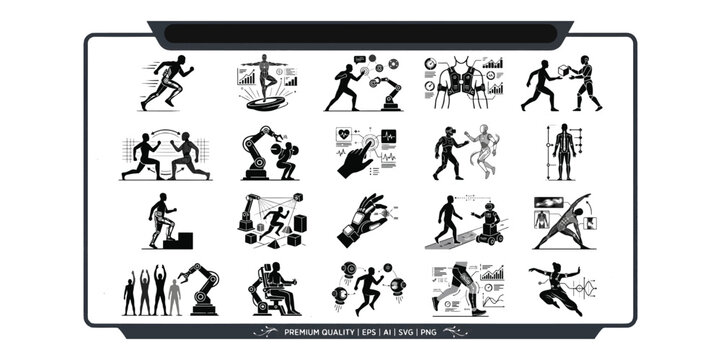 Futuristic cybernetic vector icons set featuring human performance enhancement bionic limbs robotic technology exoskeleton suits and biotechnology illustrations