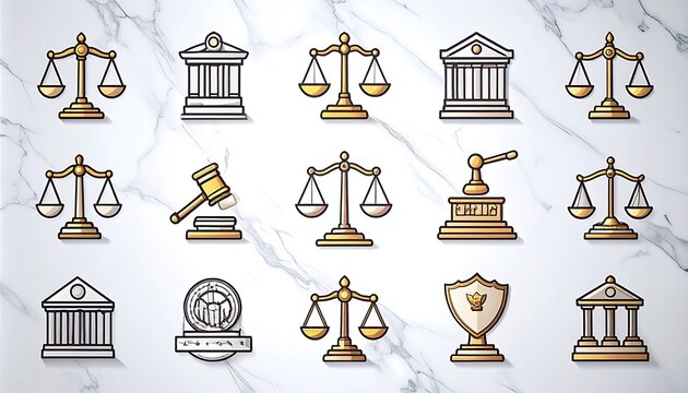 Set of pixel art icons representing justice and law, scales of justice, courthouse buildings, gavel, and shield on marble background