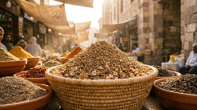 Large woven basket filled with assorted spices and nuts displayed at a traditional middle eastern open air market under warm golden sunlight in a busy bazaar Egyptian dukkah 