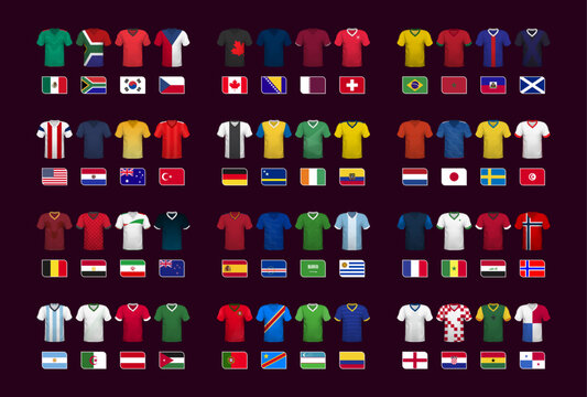 Football jersey. Set of T-shirts and flags of soccer national team jerseys of world championship. Vector illustration.