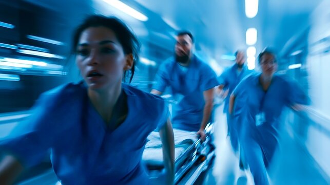 Medical team rushing gurney through hospital hallway in emergency