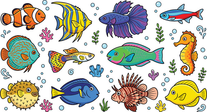 Tropical Marine Fish and Coral Reef Vector Illustration Set Featuring Clownfish Betta Seahorse and Exotic Aquarium Species