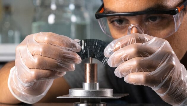 Closeup of a technician handling a flexiblefilm graphene sensor probe showcasing the bendable ultrathin layer used in wearable technology applications.