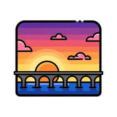Obraz premium Colorful arched bridge over blue water at sunset