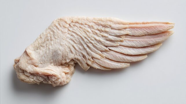 Raw poultry wing on a bright white, clean surface