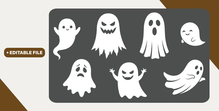 set of cute ghost creation kit, changeable face, flat design vector for halloween
