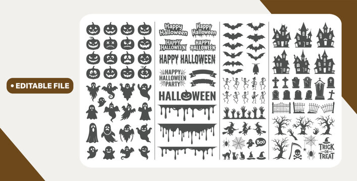 Big set of halloween silhouettes black icon and character. Design of witch, creepy and spooky elements for halloween decorations, sketch, icon, sticker. Hand drawn vector solated background.
