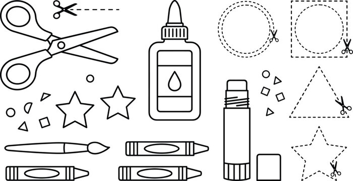 School craft and kindergarten line art elements set with scissors glue crayons dashed lines vector illustration