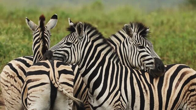 Tender moment between zebras in the African savanna as members of the herd rest their heads gently on each other&rsquo;s backs, showing social bonding and peaceful interaction in natural wildlife habitat