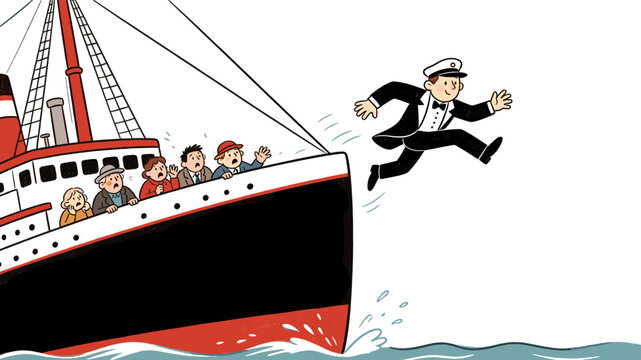 Businessman escaping sinking ship crisis and financial disaster illustration
