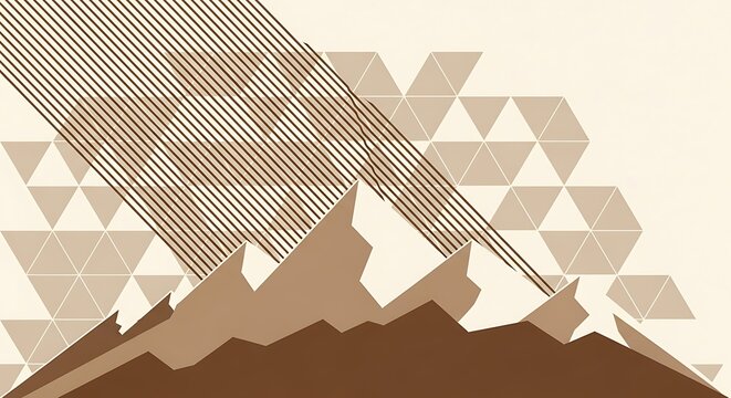 Abstract Geometric Mountain Landscape with Line Pattern on Beige Background