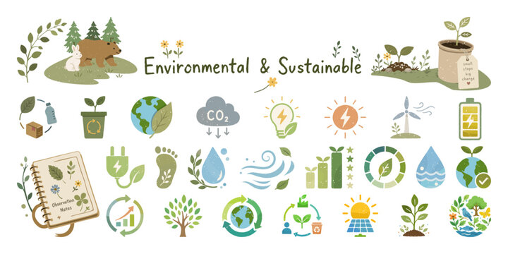 環境保護とサステナブル社会の手描き風アイコンセット／Environmental sustainability icon set, ecology, green energy, recycle