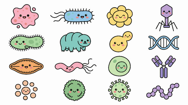 Set of cute cartoon microorganisms and biological elements.