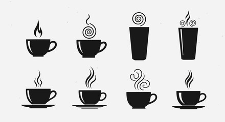 Obraz premium Coffee and tea cup silhouettes with steam smoke icons featuring various mug shapes and saucer designs for cafe signage hot beverage branding and menu icons