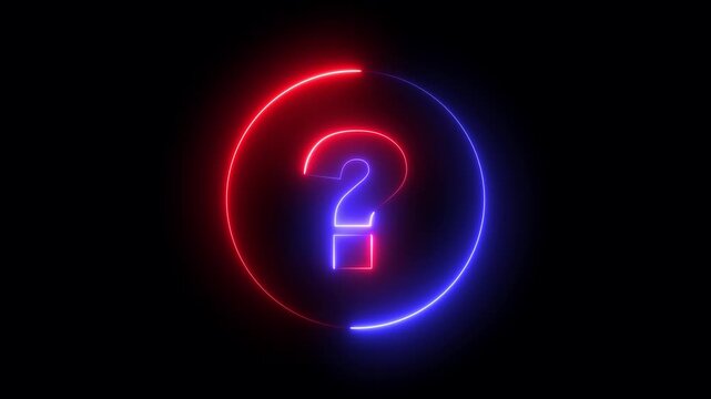 Neon question mark sign glowing with red and blue light on black background