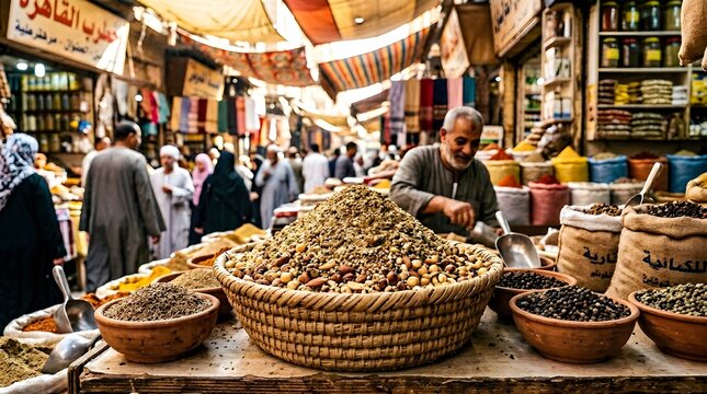 A mature merchant scoops aromatic spices and nuts from a large woven basket in a bustling traditional outdoor market with vibrant textures and warm natural light Egyptian dukkah 