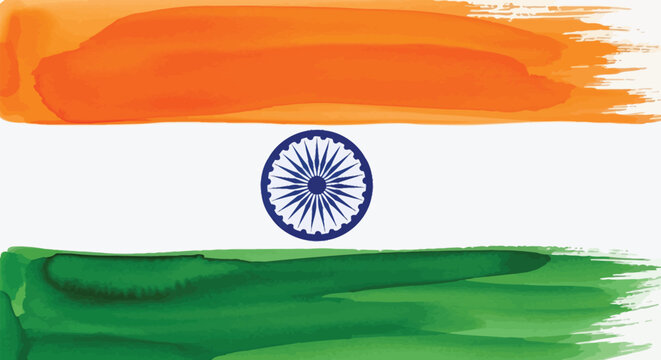 Watercolor style indian flag illustration with saffron white and green brushstroke bands and ashoka chakra