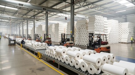 Fototapeta premium Forklifts move paper rolls in a vast industrial warehouse