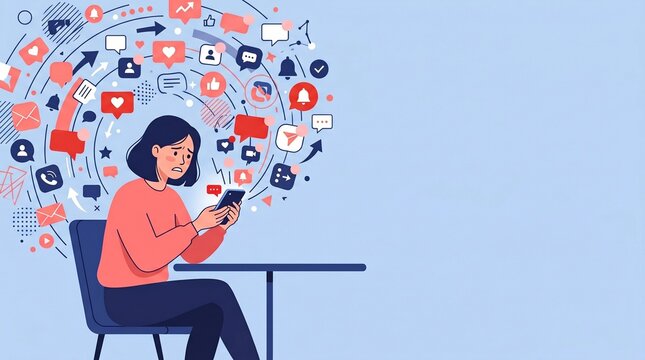 Young woman feeling overwhelmed by social media notifications and digital information overload illustration