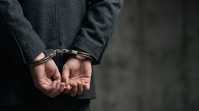 Businessman in handcuffs arrested for corporate white-collar crime and financial fraud