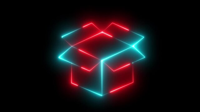 Neon glowing open box animation with pulsing red and cyan light lines on black background, package
