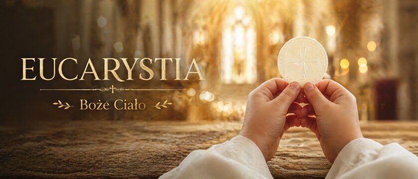 Eucharist banner with Polish text Eucharystia and Boże Ciało meaning Eucharist and Body of Christ, child hands holding communion host inside church, copy space background for Catholic faith design
