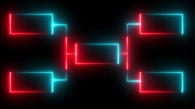 Neon glowing tournament bracket infographic template with pulsing red and blue light effects competition