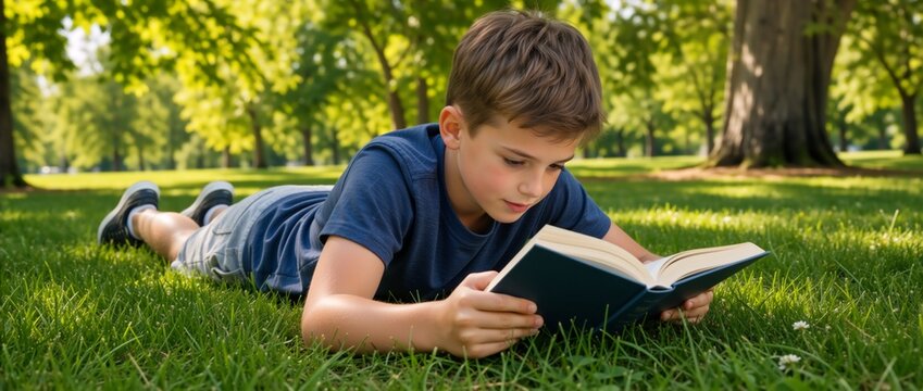 Young boy lying on green grass reading a book in a park. Child relaxing and studying outdoors on a sunny summer day. Childhood education and leisure concept
