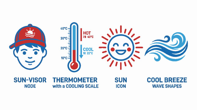 Set of weather and summer climate icons featuring a boy in a cap thermometer sun and breeze.