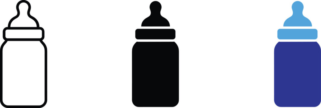 Newborn baby feeding milk bottle nipple vector illustration icon set for nutrition