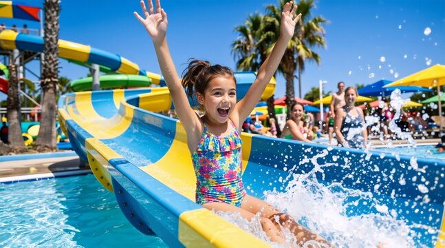 Excited young girl sliding down a water slide at a water park. Child in swimsuit splashing in a swimming pool during summer vacation. Fun outdoor water activity