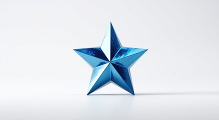 Fototapeta premium A reflective blue five-pointed star ornament stands against a stark white background