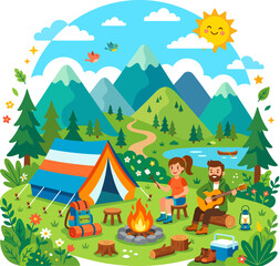 Naklejka premium Camping scene with a tent campfire and guitar